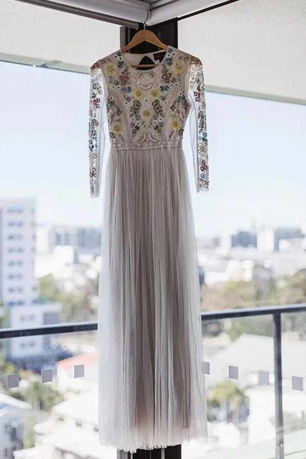 A-Line Round Neck Long Wedding Dress With Lace Long Sleeves TN335