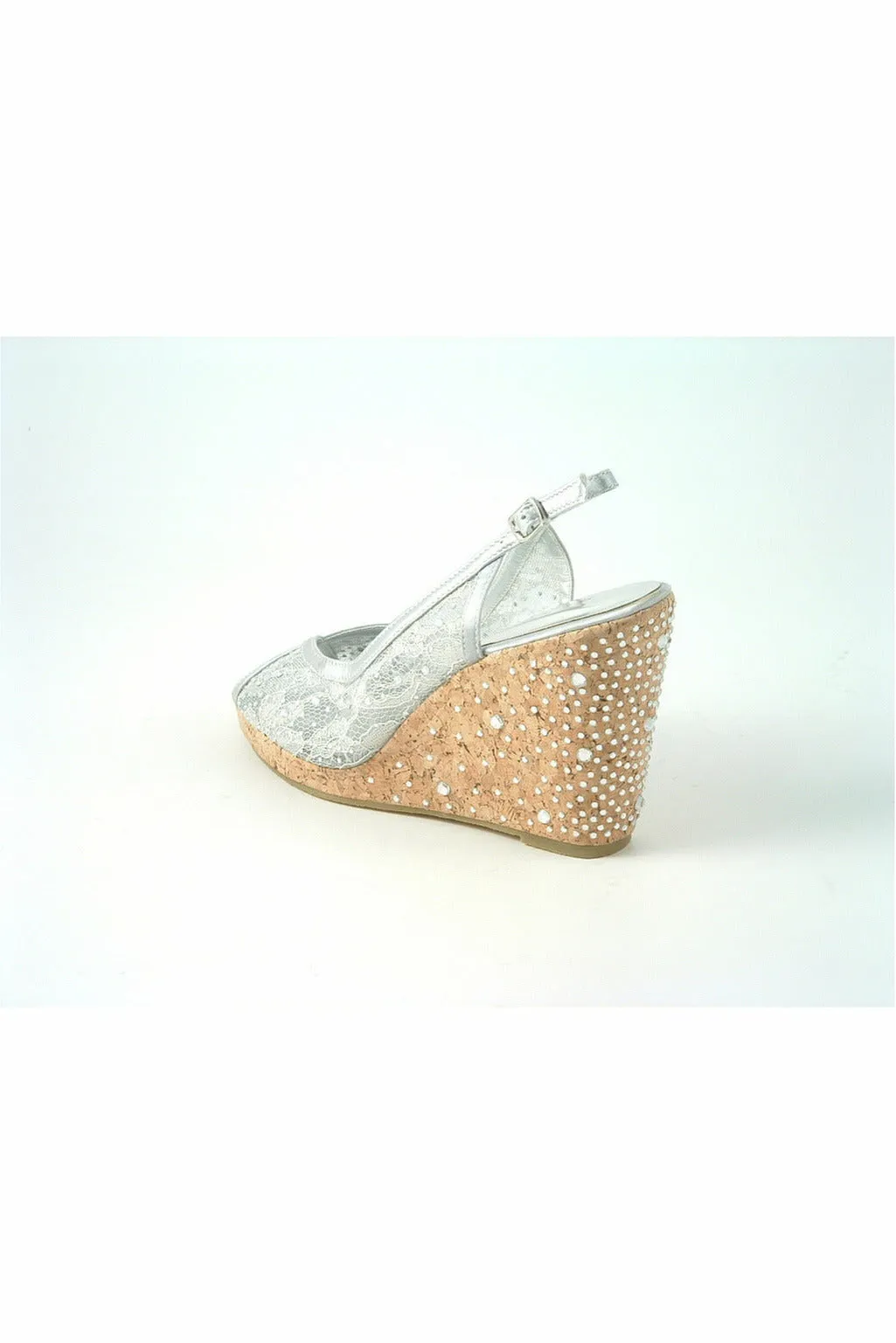 Glitz Shoes Satin Peep Toe Diamante Wedge Sandal - Silver