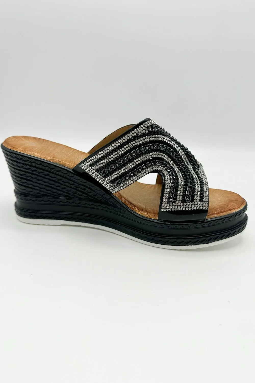 Hestia Diamante Strap Wedge Mules in Black