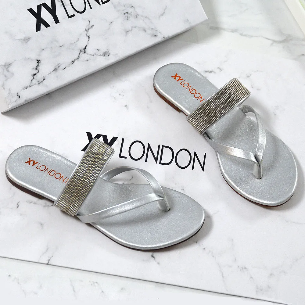 Karis Flat Strappy Toe Post Slip on Flip Flop Slides Diamante Sandals in Gold