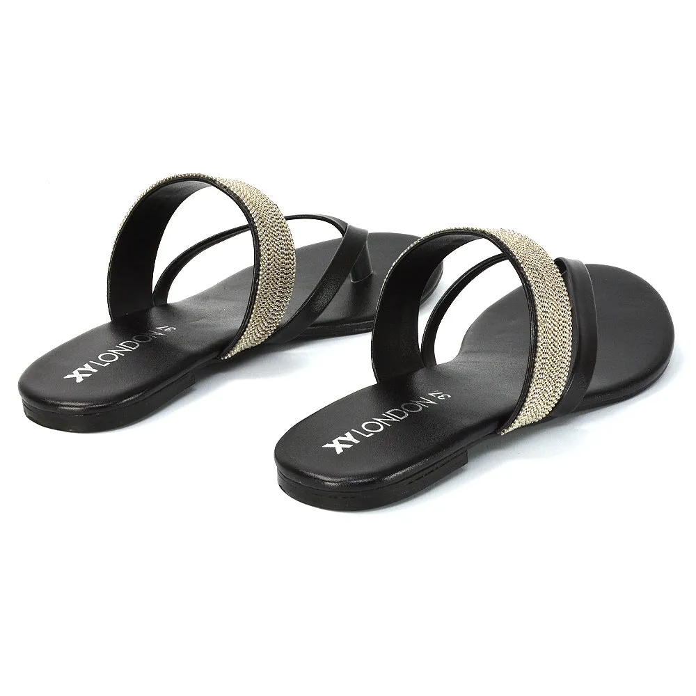 Karis Flat Strappy Toe Post Slip on Flip Flop Slides Diamante Sandals in Gold