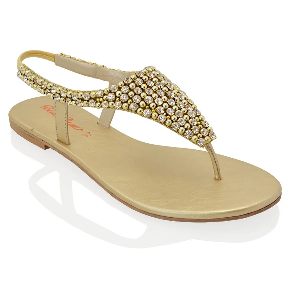 LAUREN DIAMANTE EMBELLISHED TOE POST STRAPPY SLINGBACK SPARKLY FLAT SUMMER SANDALS IN GOLD