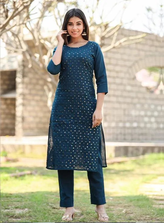 Navy Blue Solid Sequins Embellished Kurta Pant Set