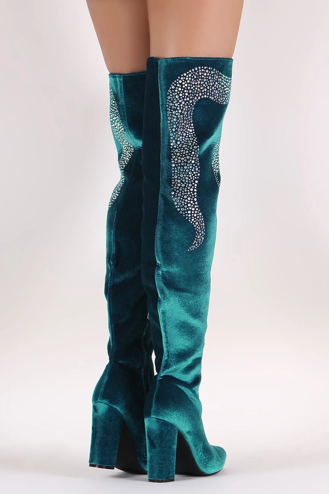 Rhinestone Accent Velvet Pointy Toe Chunky Heeled OTK Boots
