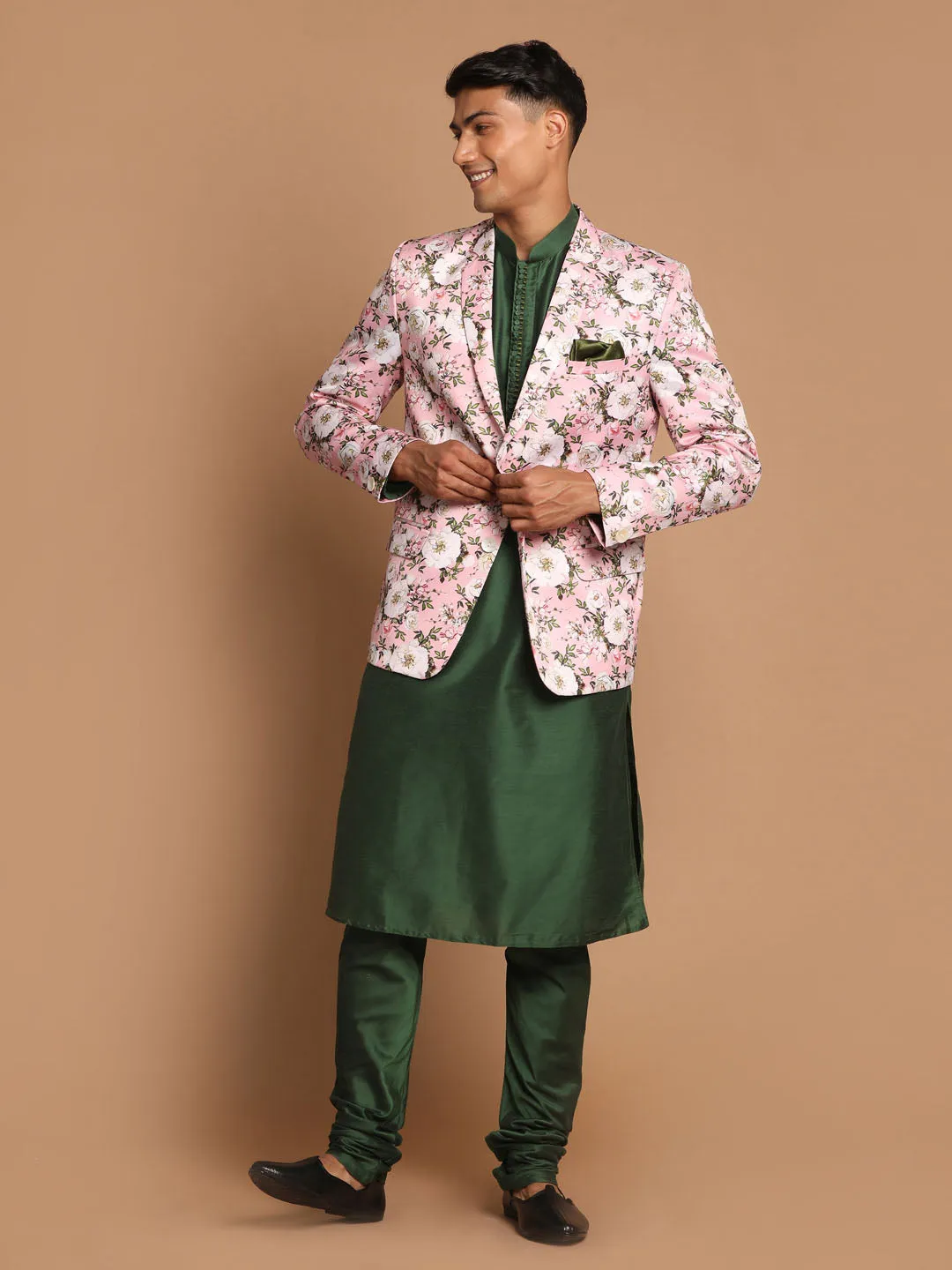 VASTRAMAY Pink Floral Blazer and Green Kurta Set