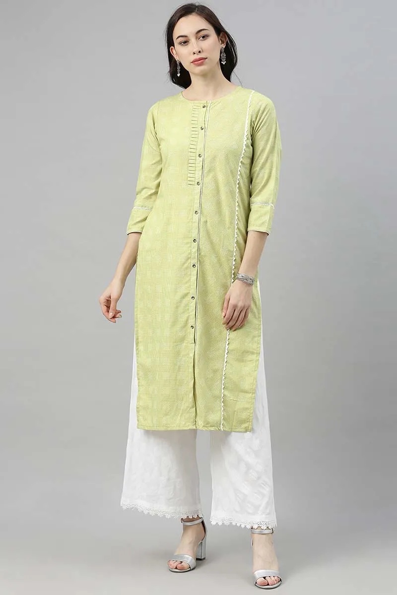 Women Green& White Checked Kurta