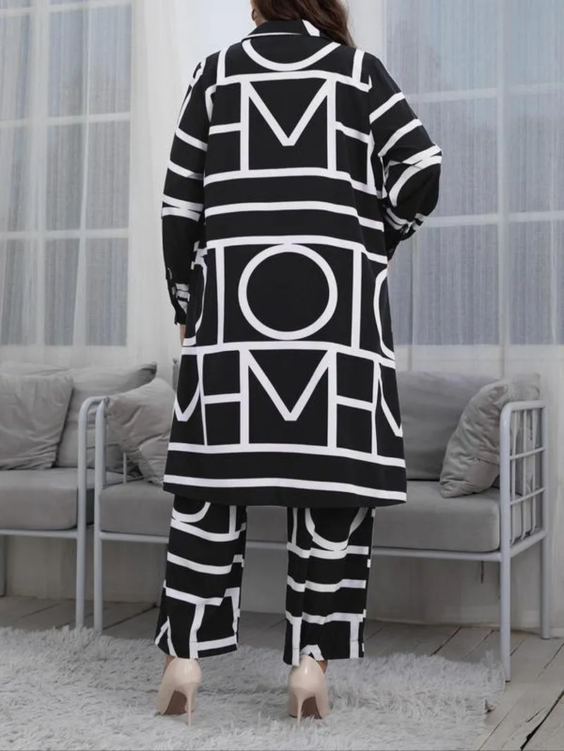 Women'S plus Size Two-Piece Set Geometric Print Long Sleeve Button down Shirt & Wide Leg Pants Set, Two Piece Set Women, National Day Clothing, Summer Outfits 2024, Casual Spring & Fall Clothes for Ladies Outdoor